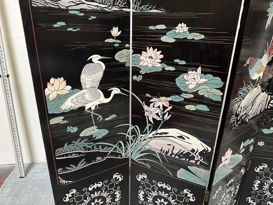 Vintage Chinese 4-Panel Carved Black Lacquer Spledid Four Double-Sided Screen Each Panel Is 16W X 72H [Photo 10]