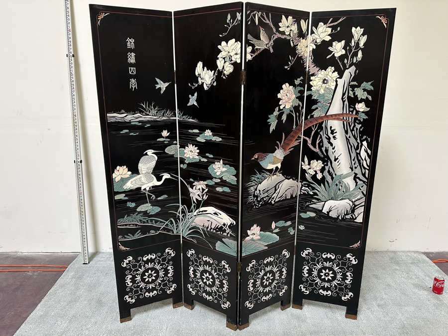 Vintage Chinese 4-Panel Carved Black Lacquer Spledid Four Double-Sided Screen Each Panel Is 16W X 72H [Photo 2]