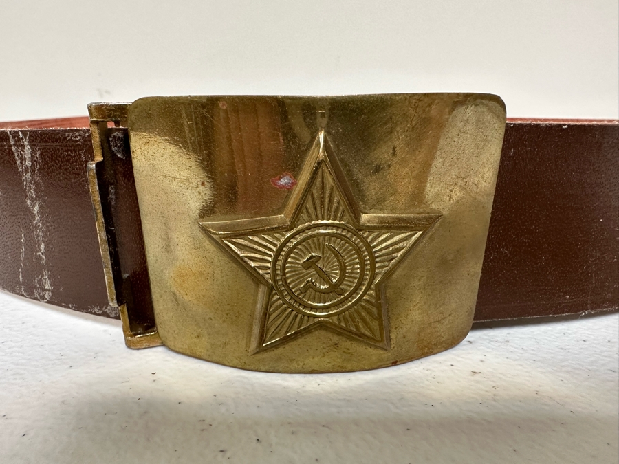 Vintage Russian USSR Brass Belt Buckle And Adjustable Leather Belt [Photo 5]
