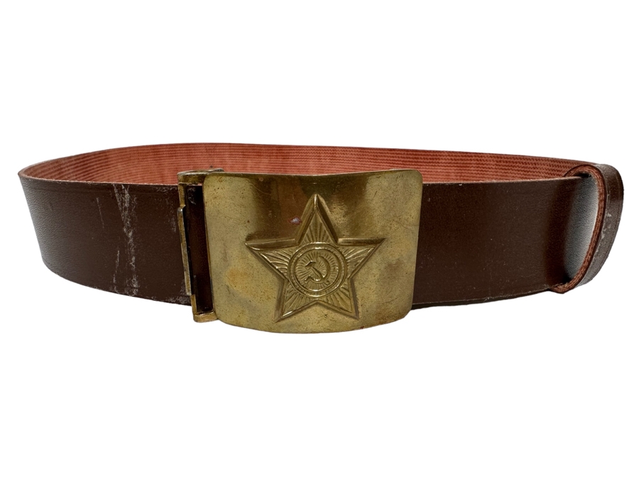 Vintage Russian USSR Brass Belt Buckle And Adjustable Leather Belt