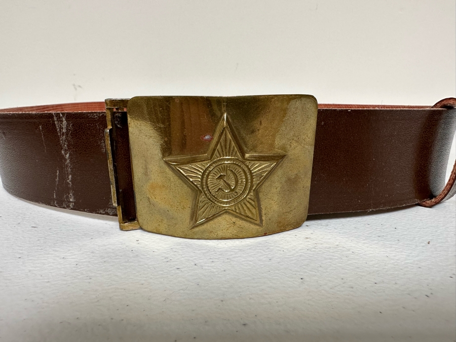 Vintage Russian USSR Brass Belt Buckle And Adjustable Leather Belt [Photo 4]