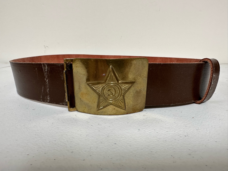 Vintage Russian USSR Brass Belt Buckle And Adjustable Leather Belt [Photo 2]