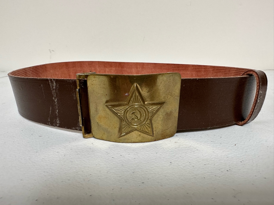 Vintage Russian USSR Brass Belt Buckle And Adjustable Leather Belt [Photo 3]