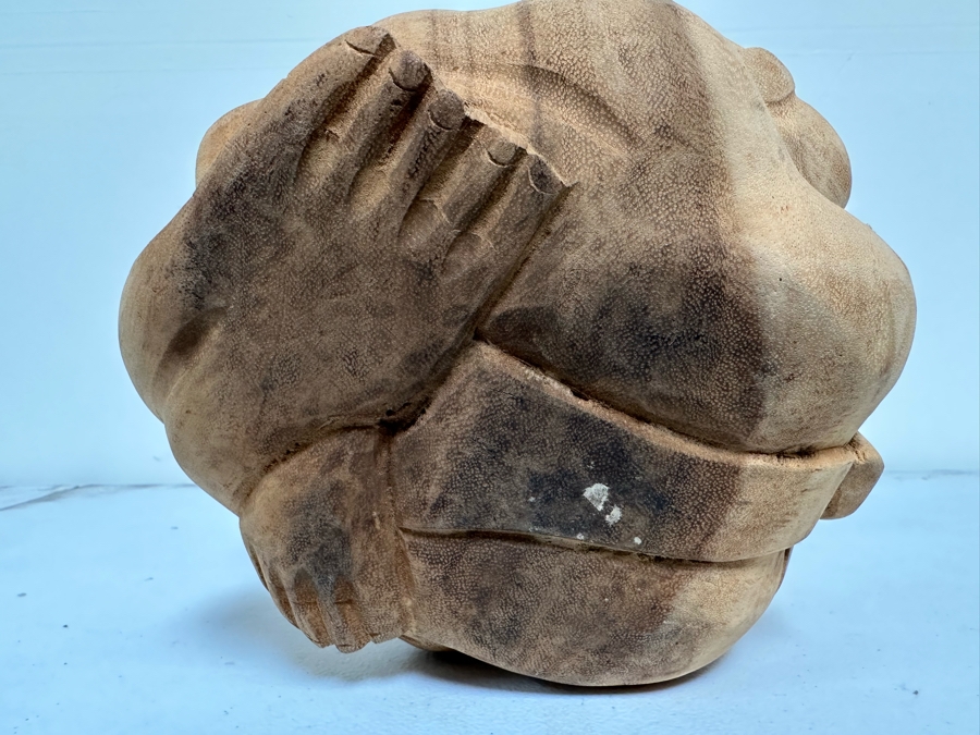 Hand Carved Wooden Sculpture Of Man Hiding His Face In His Hands Crouched Over 8W X 8H [Photo 8]