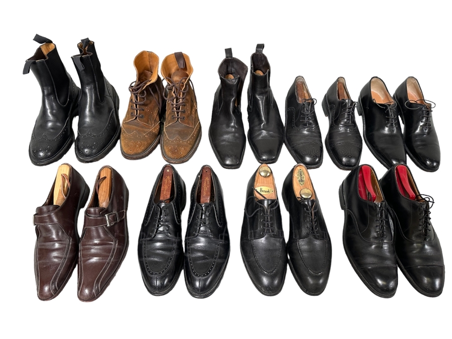 Nine Pairs Of Men's Designer Dress Shoes And Boots Brands Include Salvatore Ferragamo, Tricker's Of Jermyn Street London, Bruno Magli And Allen Edmonds