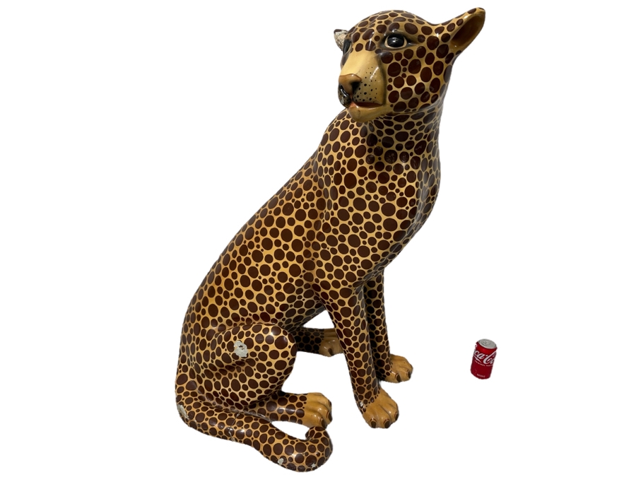 Handmade Sermel Papier Mache Leopard Sculpture From Tonala, Jalisco Mexico (See Photos For Condition Issues) - Signed On Ear 29W X 23D X 39H [Photo 1]