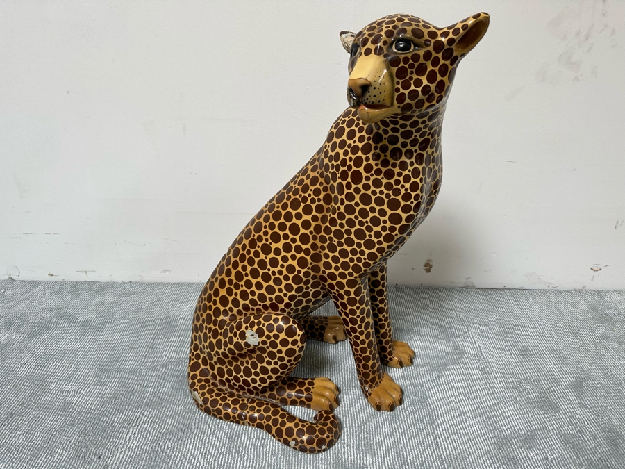 Handmade Sermel Papier Mache Leopard Sculpture From Tonala, Jalisco Mexico (See Photos For Condition Issues) - Signed On Ear 29W X 23D X 39H [Photo 3]