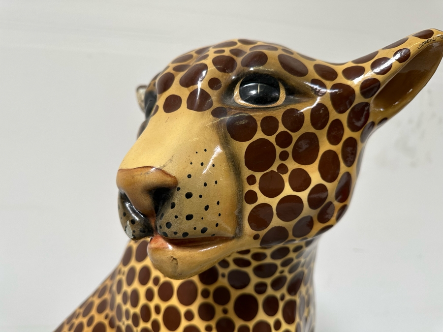 Handmade Sermel Papier Mache Leopard Sculpture From Tonala, Jalisco Mexico (See Photos For Condition Issues) - Signed On Ear 29W X 23D X 39H [Photo 4]