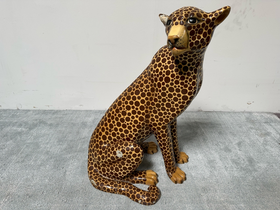 Handmade Sermel Papier Mache Leopard Sculpture From Tonala, Jalisco Mexico (See Photos For Condition Issues) - Signed On Ear 29W X 23D X 39H [Photo 2]