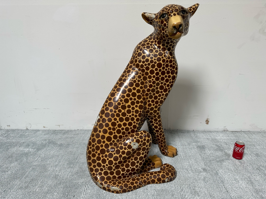 Handmade Sermel Papier Mache Leopard Sculpture From Tonala, Jalisco Mexico (See Photos For Condition Issues) - Signed On Ear 29W X 23D X 39H [Photo 12]
