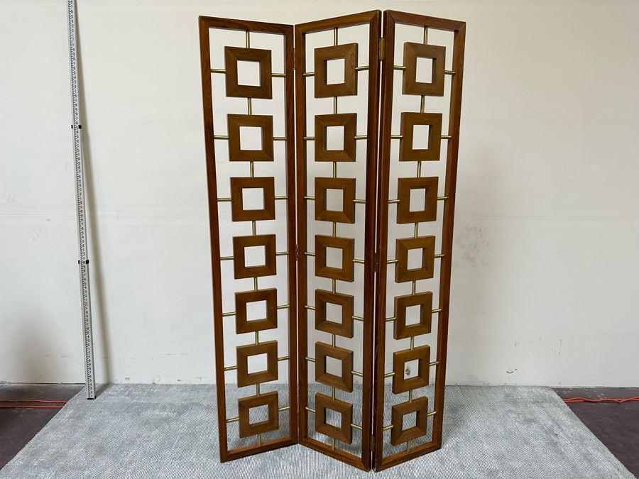 Jonathan Adler Desmond Room Divider Screen Wood And Brass Mid-Century Design Each Panel Measures 16W X 81H Retails $1,500