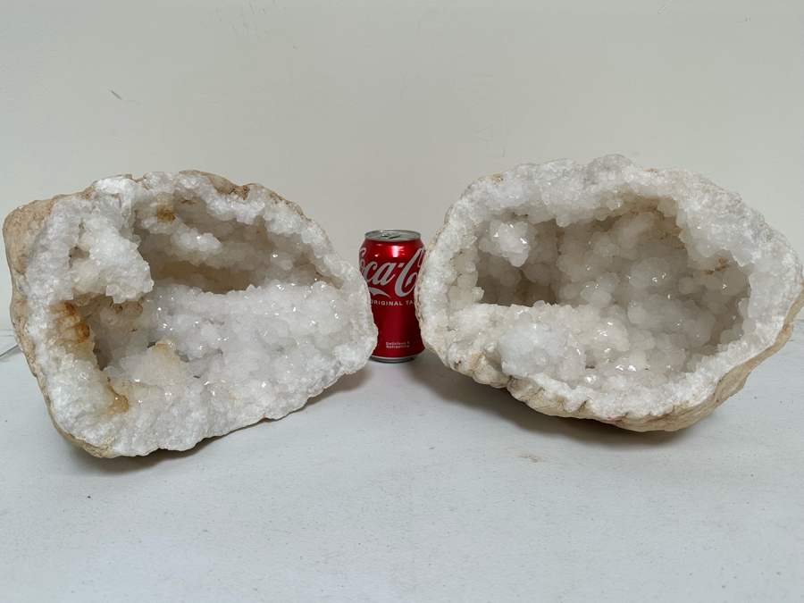 (2) Large Halves Of A White Crystal Geode Each Half Measures Apx 11W X 9H [Photo 14]