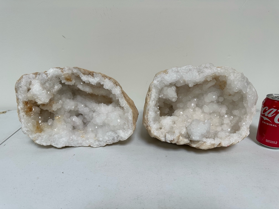 (2) Large Halves Of A White Crystal Geode Each Half Measures Apx 11W X 9H [Photo 3]