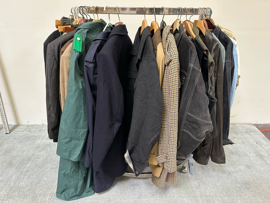 Men's Designer Clothes Lot Including Jackets, Shirts, Hawaiian Shirts And Dress Pants With Brands From Bruno Magli, Hugo Boss, Ralph Lauren - See Photos (Does Not Include Chrome Rack) [Photo 1]