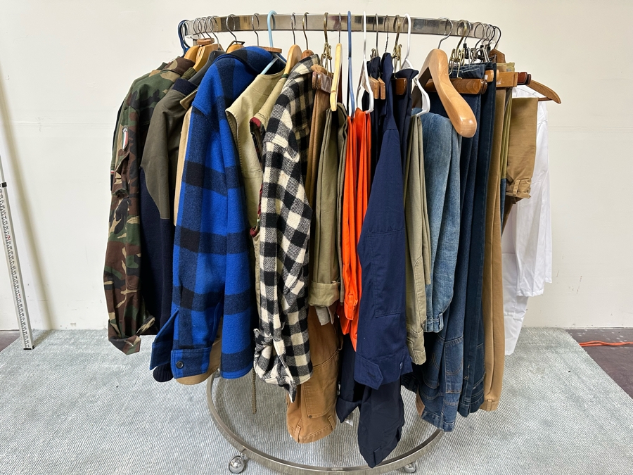 Men's Clothes Lot Including Jackets, Vests, Pants - See Photos (Does Not Include Chrome Rack)