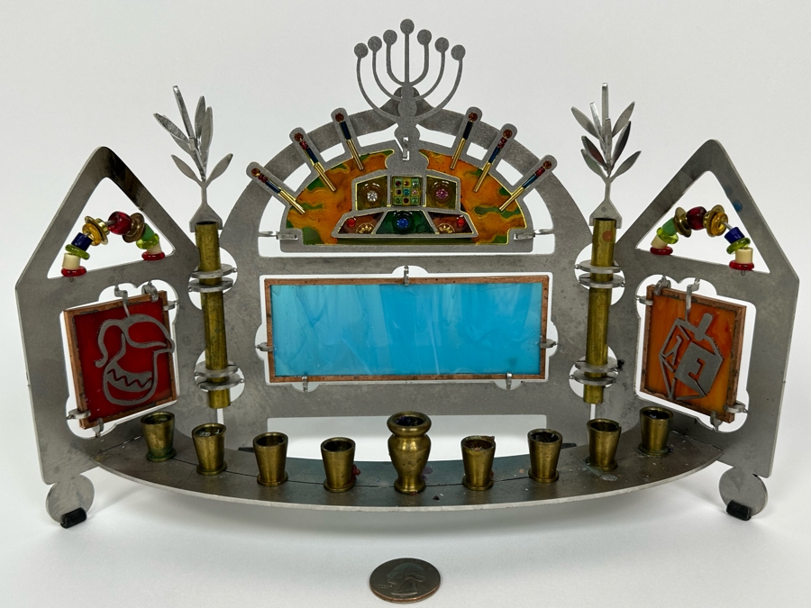 Stained Glass And Cut Metal Jewish Menorah 11W X 4D X 7H [Photo 3]