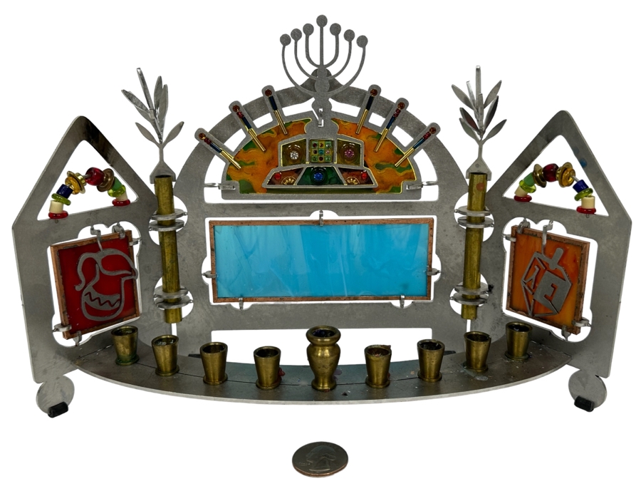 Stained Glass And Cut Metal Jewish Menorah 11W X 4D X 7H