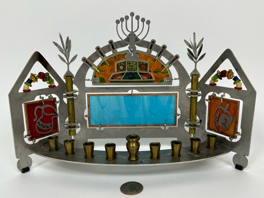Stained Glass And Cut Metal Jewish Menorah 11W X 4D X 7H [Photo 2]