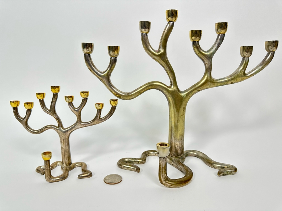 Pair Of Metal Jewish Menorahs: Larger One Is The Rosenthal Judaica Collection Tree Of Life Menorah Signed By Sandra Kravitz 8.5H And Smaller One Is Signed Rite Lite Ltd [Photo 3]
