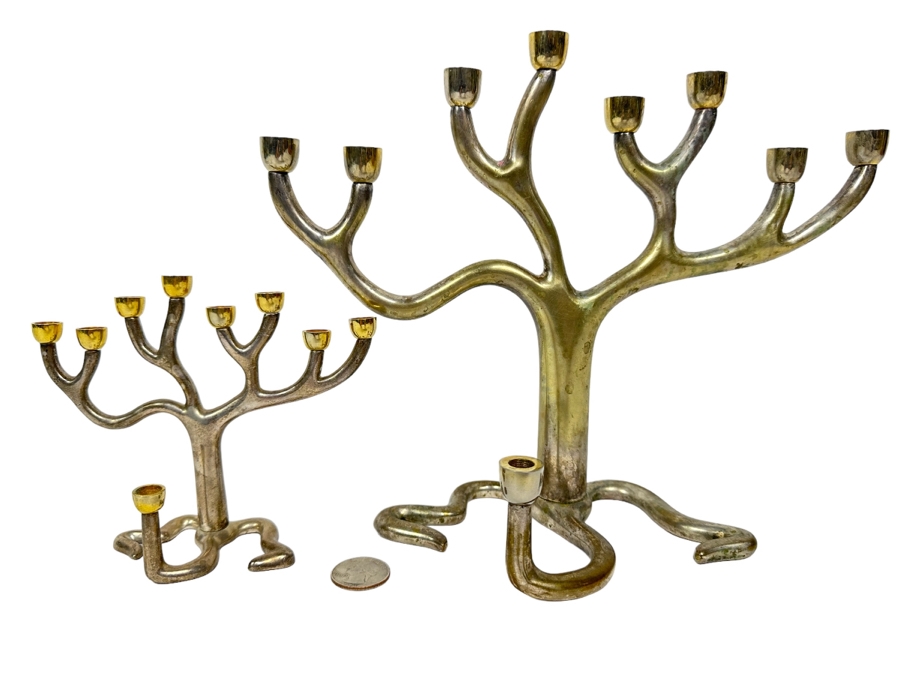 Pair Of Metal Jewish Menorahs: Larger One Is The Rosenthal Judaica Collection Tree Of Life Menorah Signed By Sandra Kravitz 8.5H And Smaller One Is Signed Rite Lite Ltd
