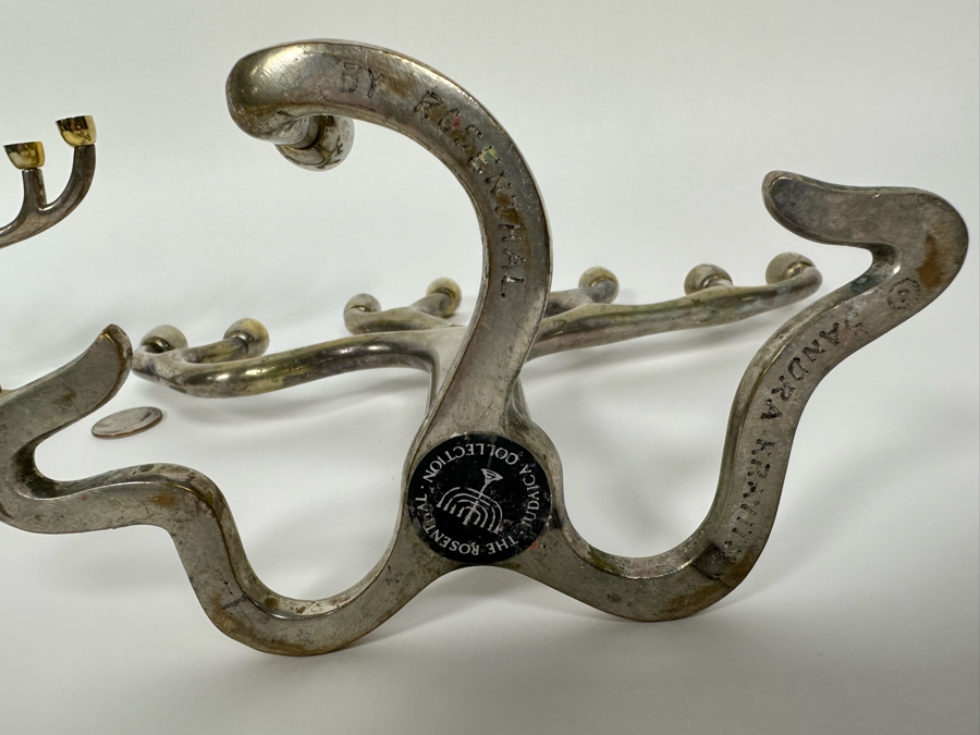 Pair Of Metal Jewish Menorahs: Larger One Is The Rosenthal Judaica Collection Tree Of Life Menorah Signed By Sandra Kravitz 8.5H And Smaller One Is Signed Rite Lite Ltd [Photo 7]