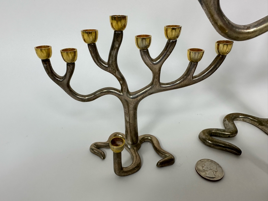 Pair Of Metal Jewish Menorahs: Larger One Is The Rosenthal Judaica Collection Tree Of Life Menorah Signed By Sandra Kravitz 8.5H And Smaller One Is Signed Rite Lite Ltd [Photo 6]