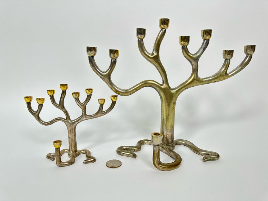 Pair Of Metal Jewish Menorahs: Larger One Is The Rosenthal Judaica Collection Tree Of Life Menorah Signed By Sandra Kravitz 8.5H And Smaller One Is Signed Rite Lite Ltd [Photo 2]