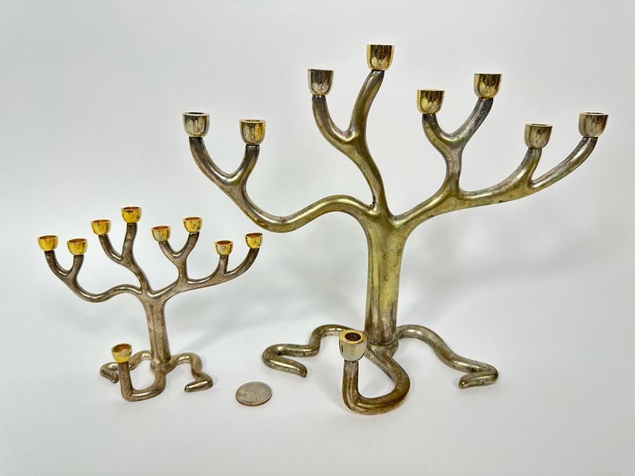 Pair Of Metal Jewish Menorahs: Larger One Is The Rosenthal Judaica Collection Tree Of Life Menorah Signed By Sandra Kravitz 8.5H And Smaller One Is Signed Rite Lite Ltd [Photo 4]