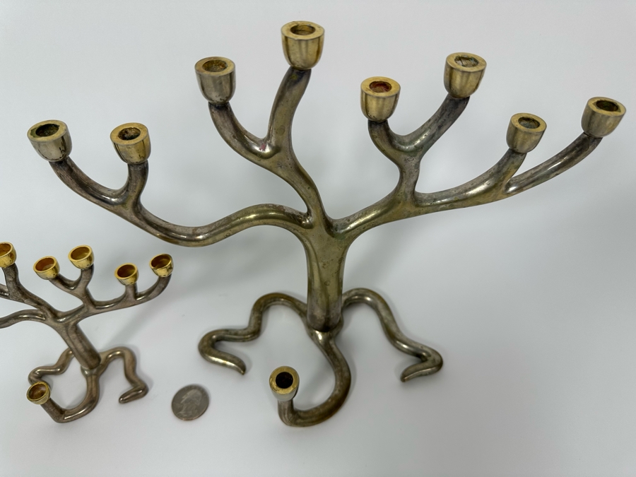 Pair Of Metal Jewish Menorahs: Larger One Is The Rosenthal Judaica Collection Tree Of Life Menorah Signed By Sandra Kravitz 8.5H And Smaller One Is Signed Rite Lite Ltd [Photo 5]
