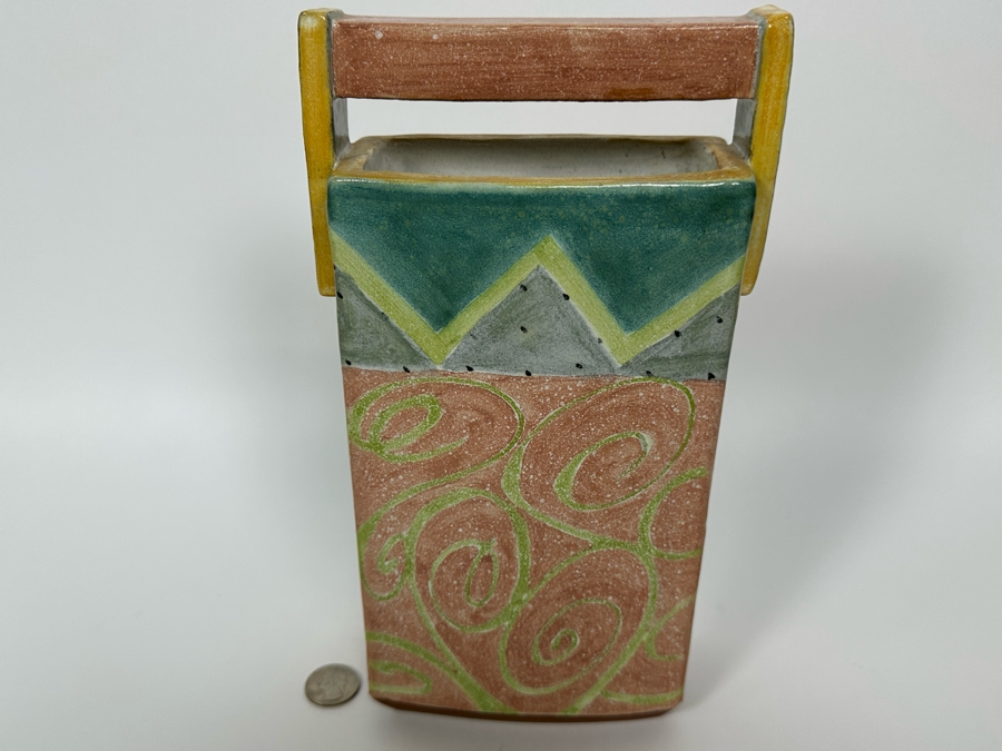 Signed Sara Post Abstract Studio Art Pottery Vase With Handle 1987 6W X 2.25D X 11H [Photo 5]