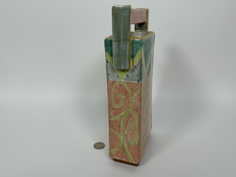 Signed Sara Post Abstract Studio Art Pottery Vase With Handle 1987 6W X 2.25D X 11H [Photo 6]