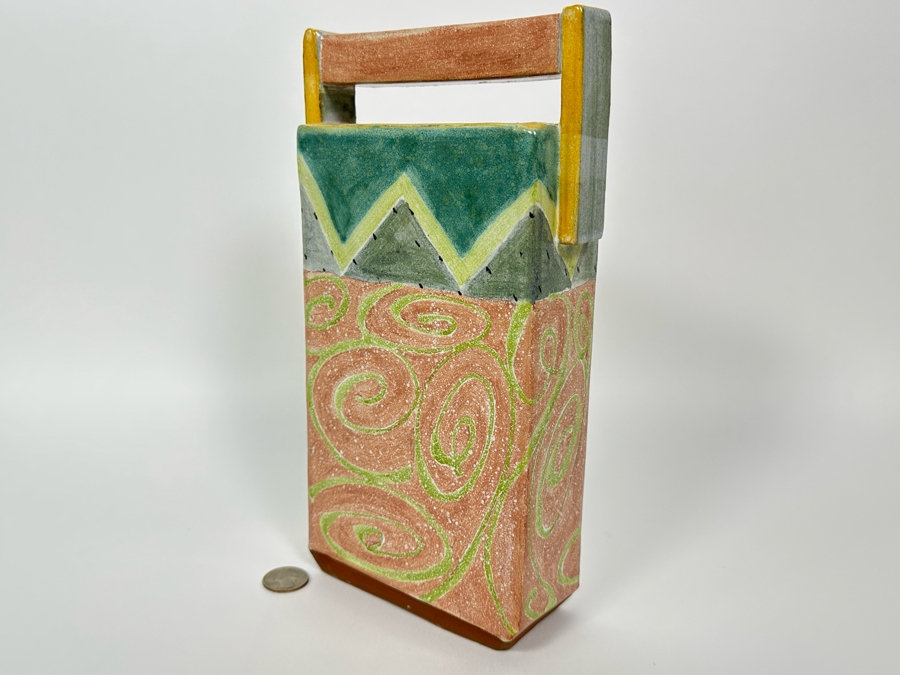 Signed Sara Post Abstract Studio Art Pottery Vase With Handle 1987 6W X 2.25D X 11H [Photo 3]