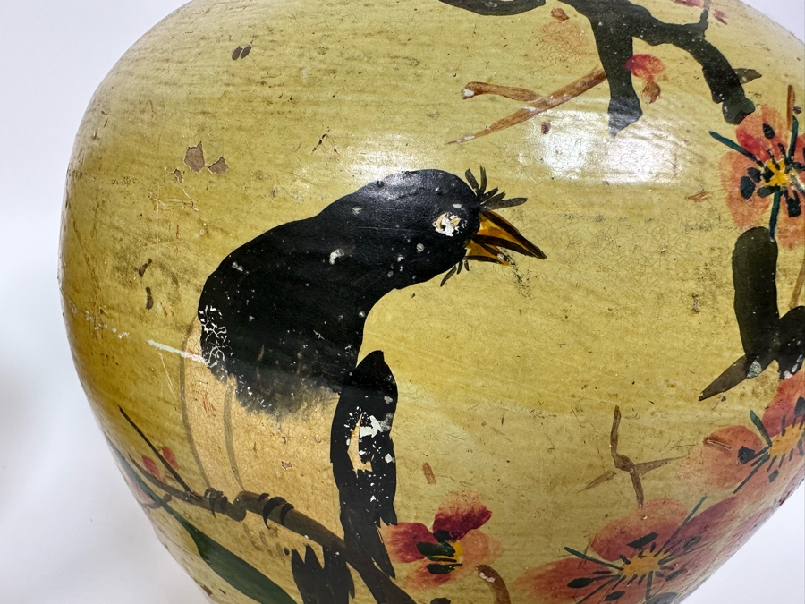 Vintage Asian Ginger Jar With Lid Hand Painted Bird On Branch 9W X 10.5H [Photo 7]