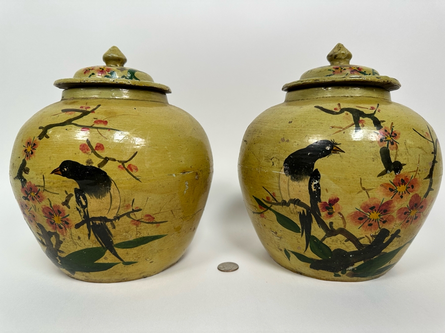 Vintage Asian Ginger Jar With Lid Hand Painted Bird On Branch 9W X 10.5H [Photo 3]