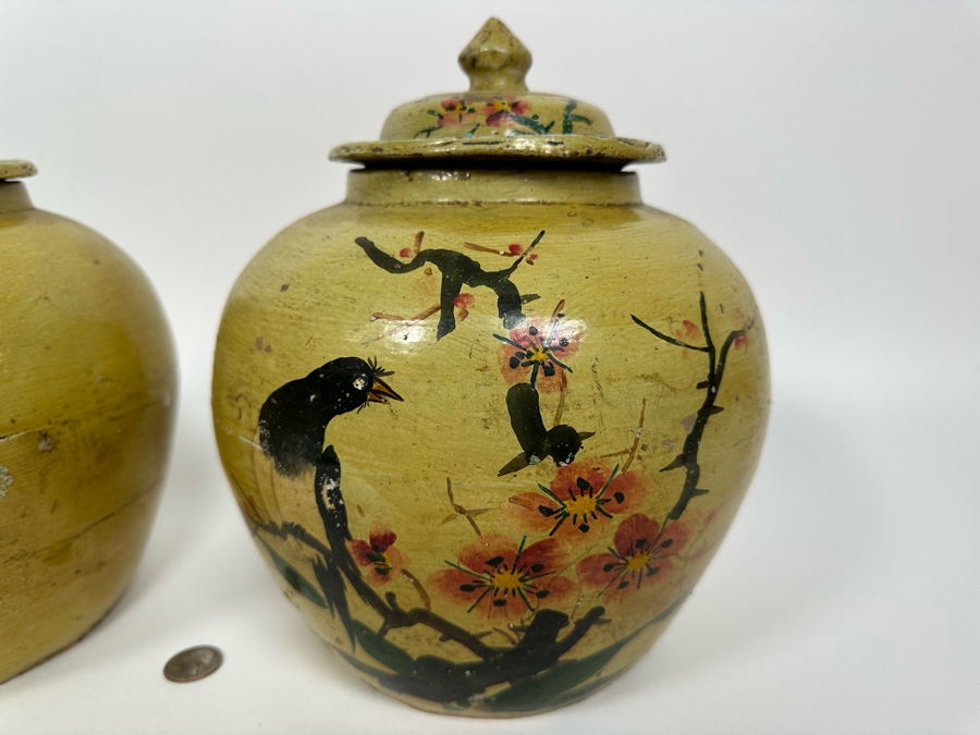 Vintage Asian Ginger Jar With Lid Hand Painted Bird On Branch 9W X 10.5H [Photo 5]
