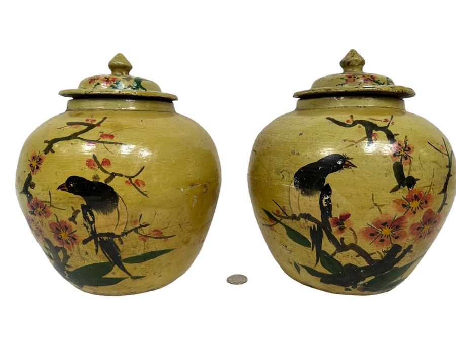 Vintage Asian Ginger Jar With Lid Hand Painted Bird On Branch 9W X 10.5H