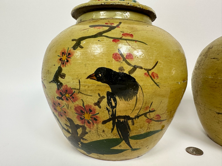 Vintage Asian Ginger Jar With Lid Hand Painted Bird On Branch 9W X 10.5H [Photo 9]