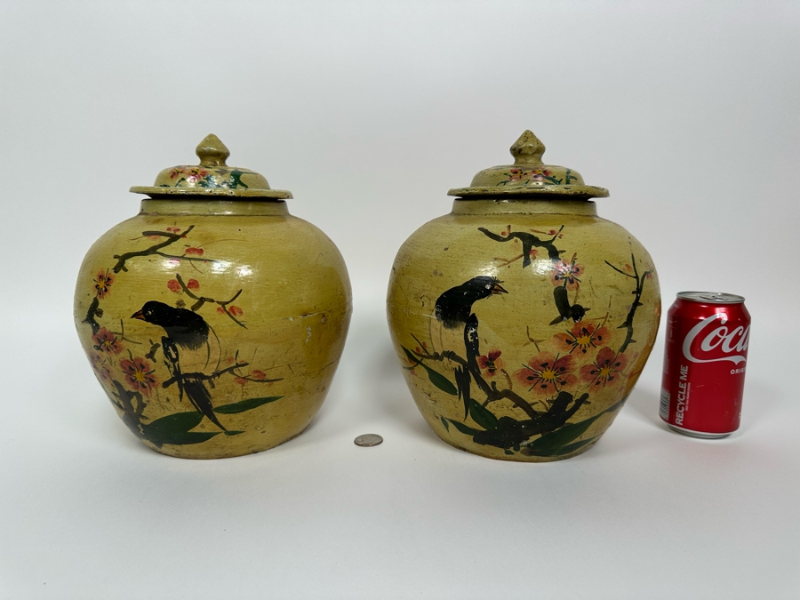 Vintage Asian Ginger Jar With Lid Hand Painted Bird On Branch 9W X 10.5H [Photo 4]