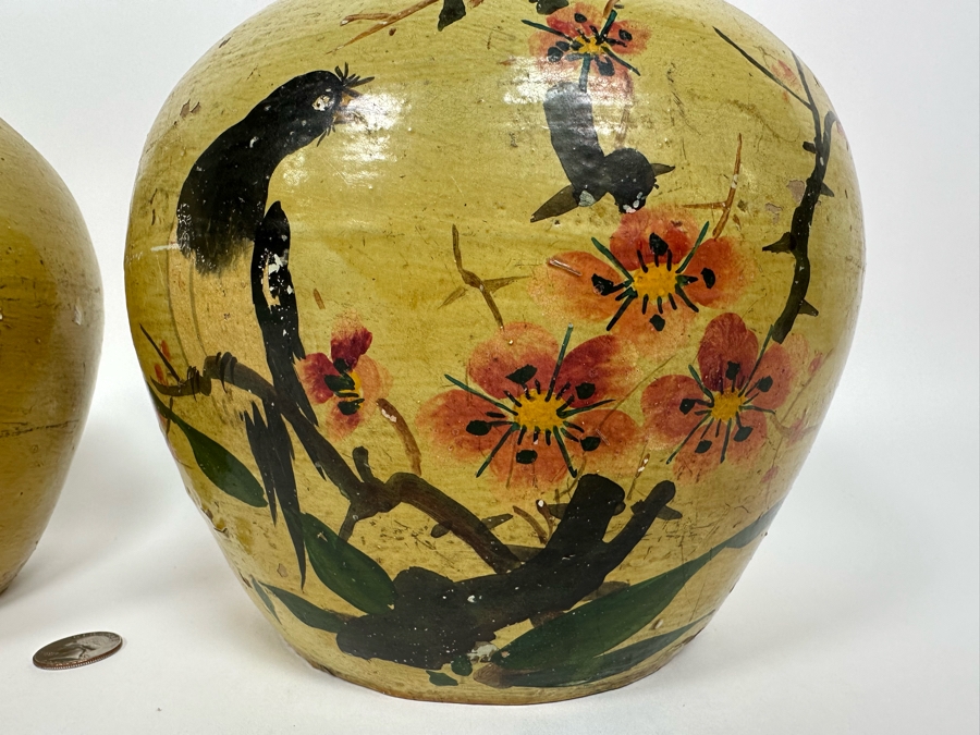 Vintage Asian Ginger Jar With Lid Hand Painted Bird On Branch 9W X 10.5H [Photo 6]