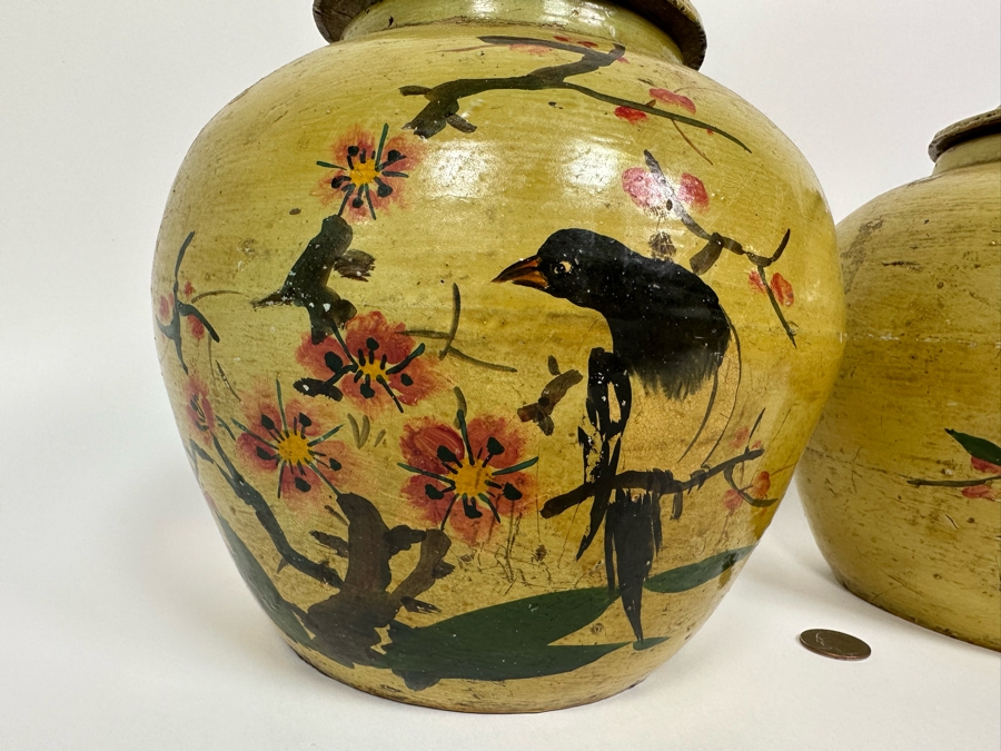Vintage Asian Ginger Jar With Lid Hand Painted Bird On Branch 9W X 10.5H [Photo 10]