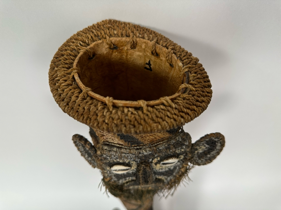 Handmade Woven African Ethnic Horn Shaped Basket With Man's Face At Top Of Slender Basket And Animal At Other End Looking Up 20H X 9W X 4D [Photo 8]