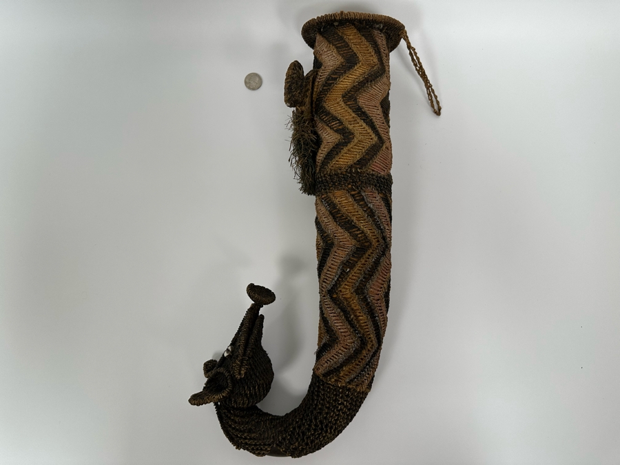 Handmade Woven African Ethnic Horn Shaped Basket With Man's Face At Top Of Slender Basket And Animal At Other End Looking Up 20H X 9W X 4D [Photo 11]