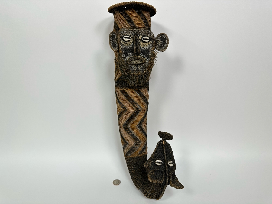 Handmade Woven African Ethnic Horn Shaped Basket With Man's Face At Top Of Slender Basket And Animal At Other End Looking Up 20H X 9W X 4D [Photo 2]