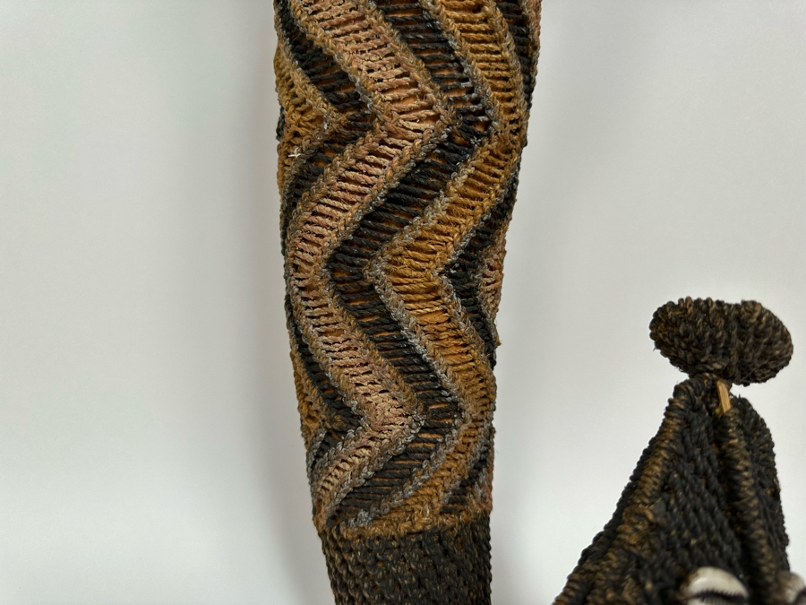 Handmade Woven African Ethnic Horn Shaped Basket With Man's Face At Top Of Slender Basket And Animal At Other End Looking Up 20H X 9W X 4D [Photo 7]