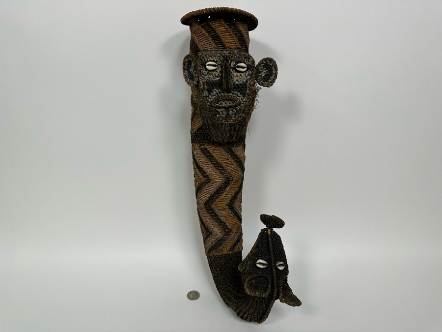 Handmade Woven African Ethnic Horn Shaped Basket With Man's Face At Top Of Slender Basket And Animal At Other End Looking Up 20H X 9W X 4D [Photo 3]