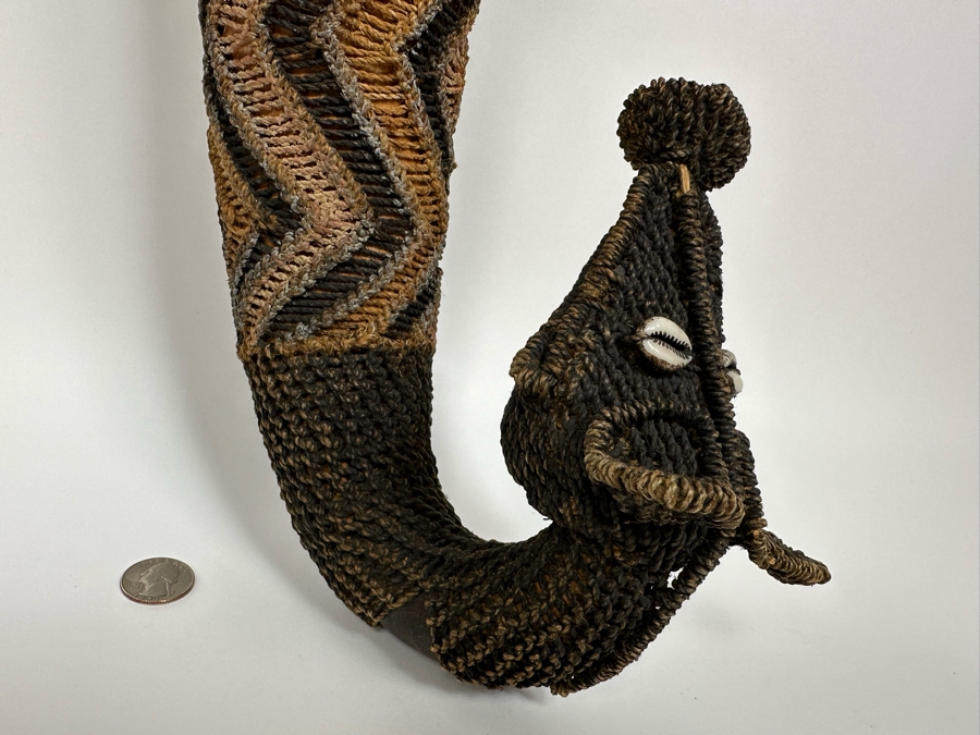 Handmade Woven African Ethnic Horn Shaped Basket With Man's Face At Top Of Slender Basket And Animal At Other End Looking Up 20H X 9W X 4D [Photo 6]