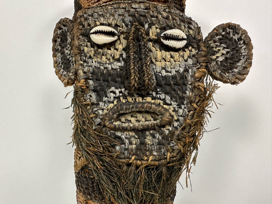 Handmade Woven African Ethnic Horn Shaped Basket With Man's Face At Top Of Slender Basket And Animal At Other End Looking Up 20H X 9W X 4D [Photo 4]
