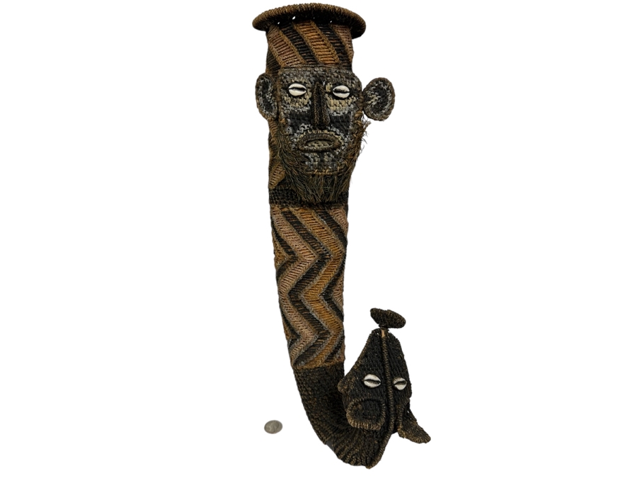 Handmade Woven African Ethnic Horn Shaped Basket With Man's Face At Top Of Slender Basket And Animal At Other End Looking Up 20H X 9W X 4D