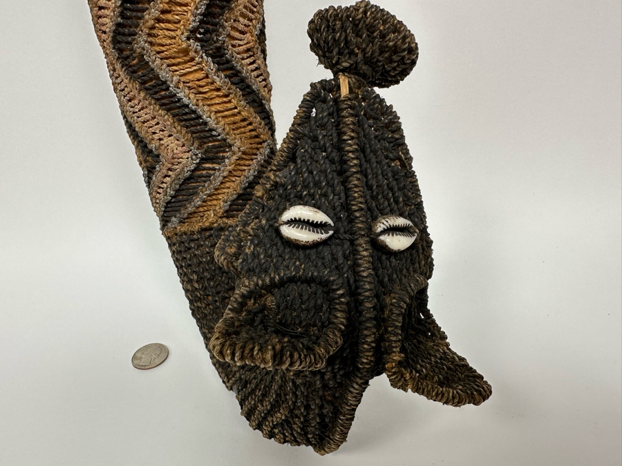 Handmade Woven African Ethnic Horn Shaped Basket With Man's Face At Top Of Slender Basket And Animal At Other End Looking Up 20H X 9W X 4D [Photo 5]