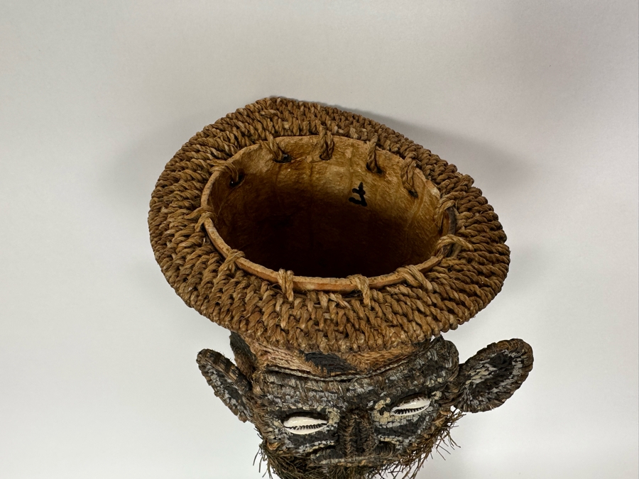 Handmade Woven African Ethnic Horn Shaped Basket With Man's Face At Top Of Slender Basket And Animal At Other End Looking Up 20H X 9W X 4D [Photo 9]